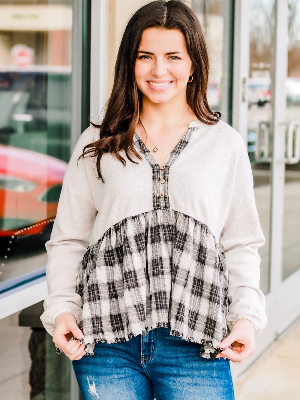 Easel Cream Top with Black Plaid Babydoll Panel